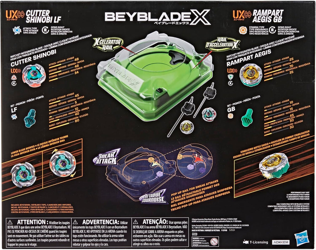 Beyblade X: Sneak Attack Battle Set with Beystadium Arena (Rampart Aegis GB & Cutter Shinobi LF)